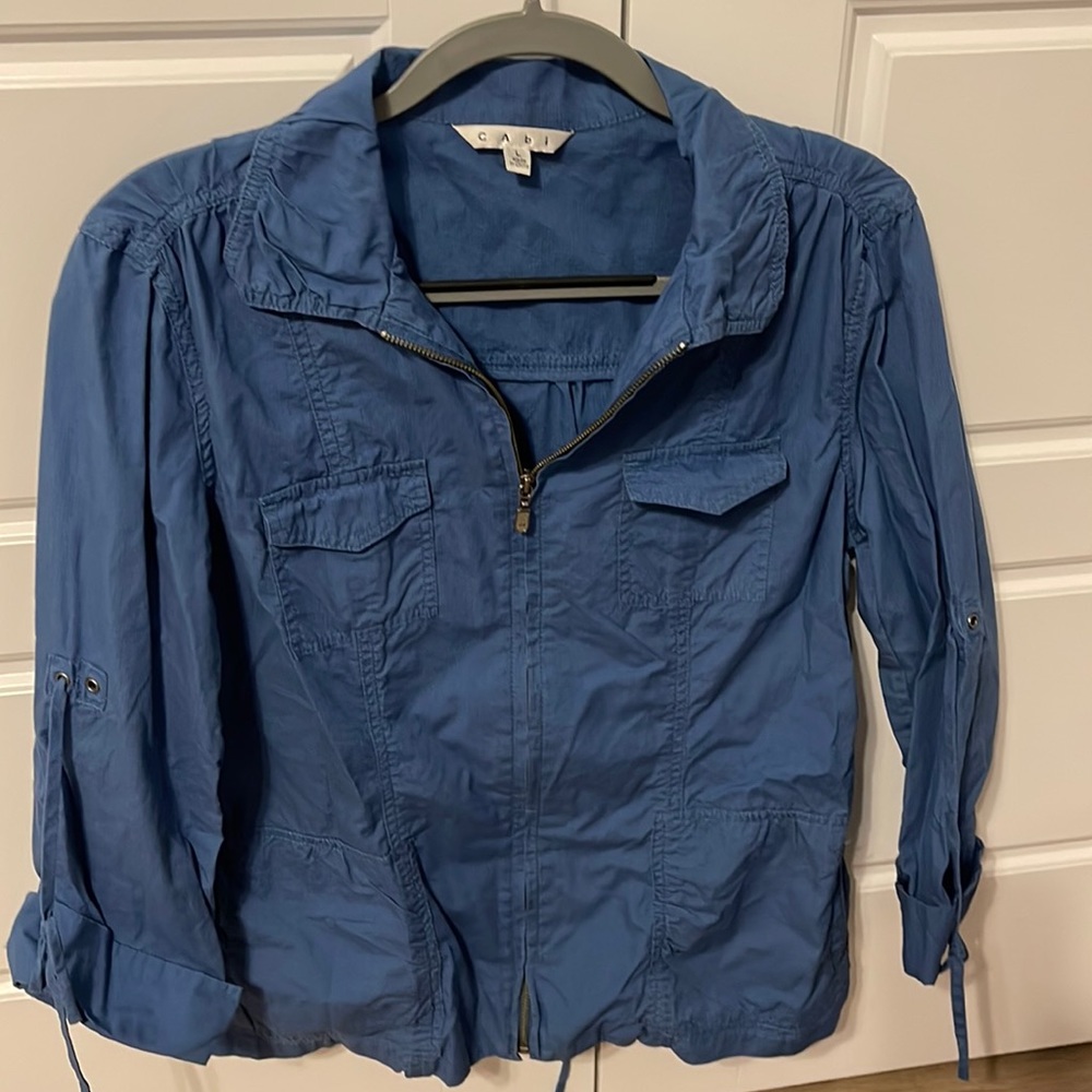 CAbi #393, Women’s Cargo Utility Jacket, cinch waist, blue, size large